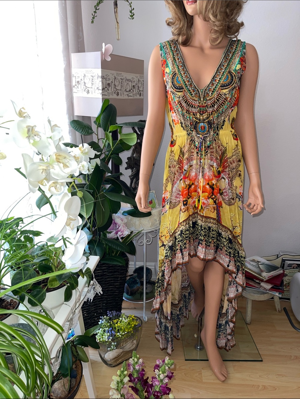 Bohemian V-Neck Yellow Floral High-Low Dress